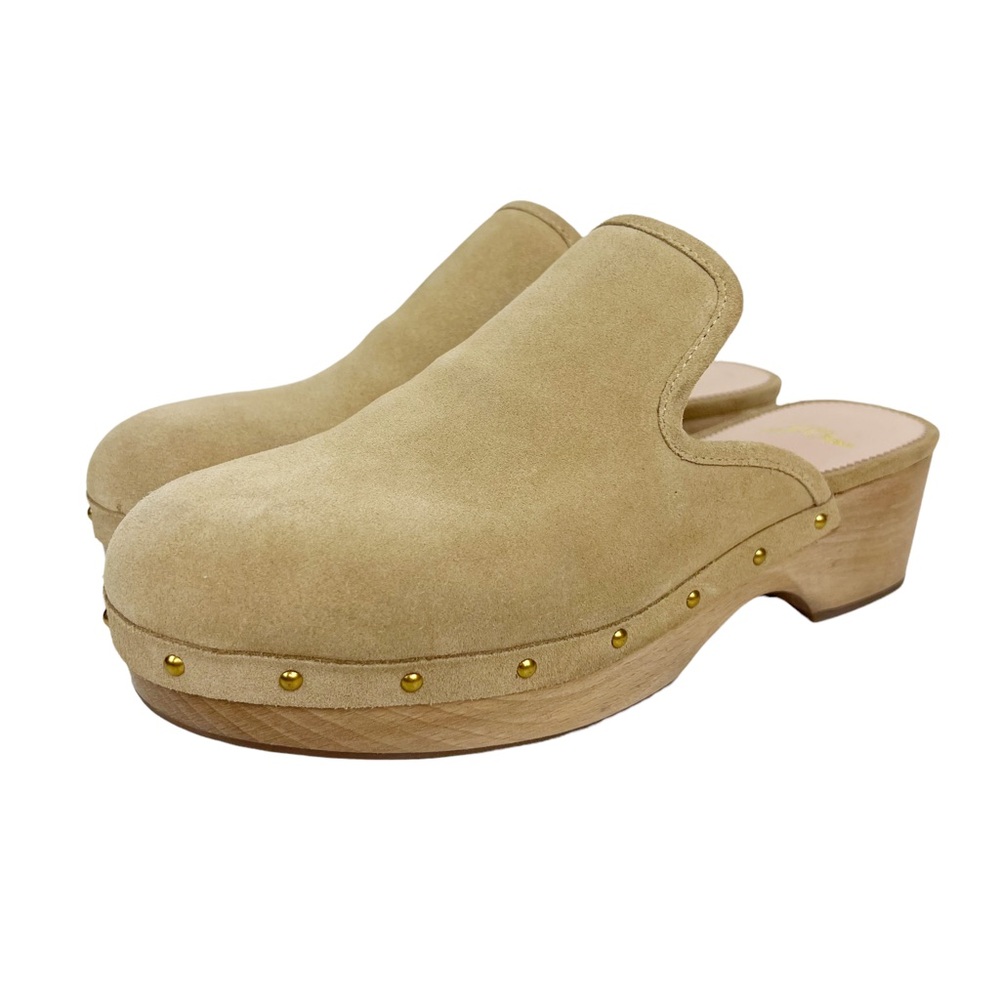 J. Crew Tan Suede Mules with Gold Studs